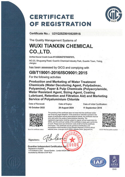 China WUXI LANSEN CHEMICALS CO.,LTD. certification
